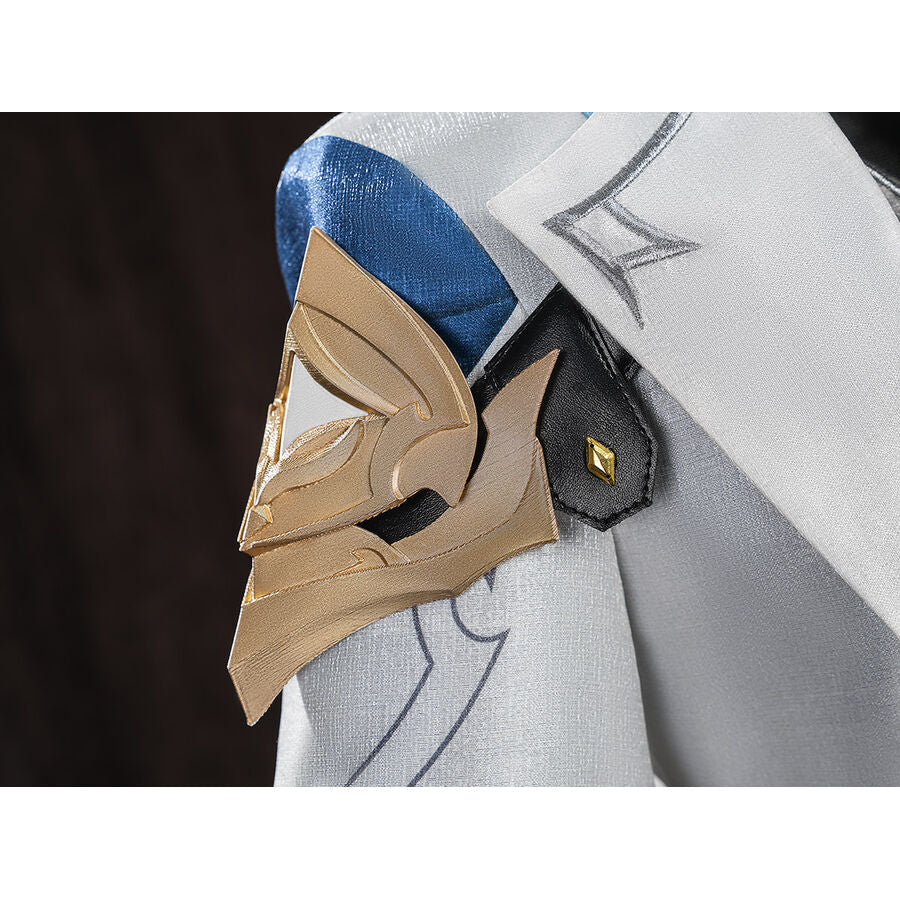 Another angle of the gold petal-shaped shoulder armor on Aether cosplay costume with blue sleeve fabric detail