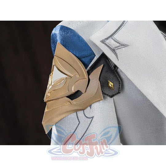 Another angle of the gold petal-shaped shoulder armor on Aether cosplay costume with blue sleeve fabric detail