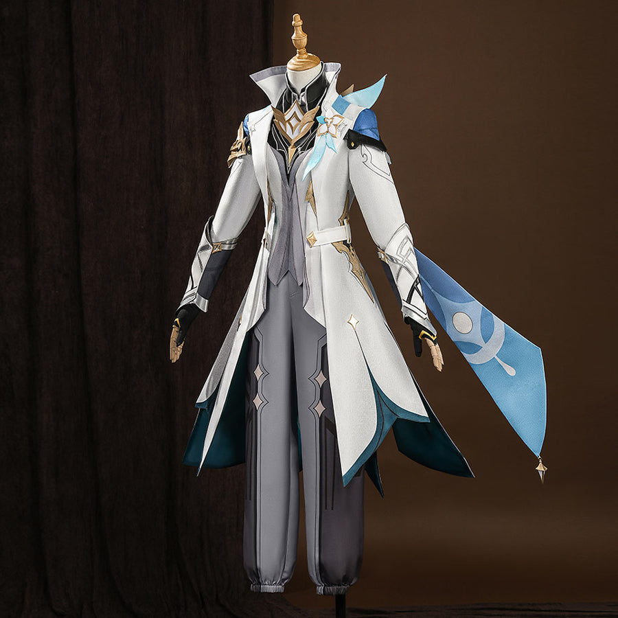 Side view of Genshin Impact Aether cosplay costume with white coat, teal panels, and light blue printed scarf