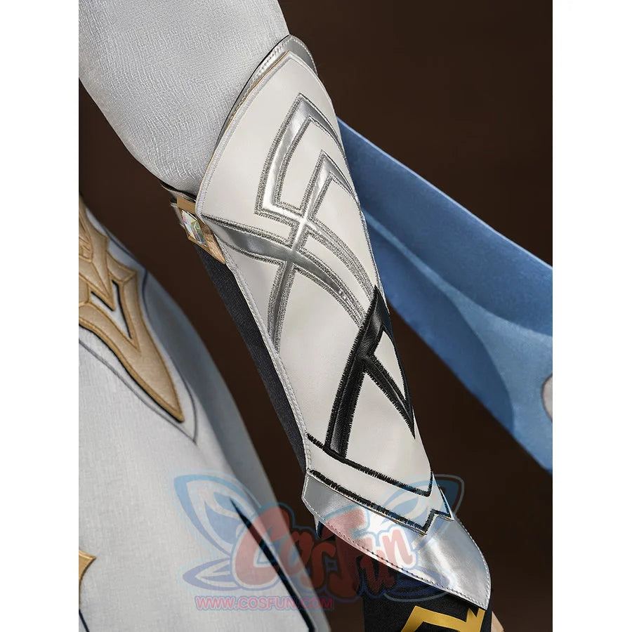 Close-up of the white and silver arm armor on Aether cosplay costume with black geometric line pattern detail