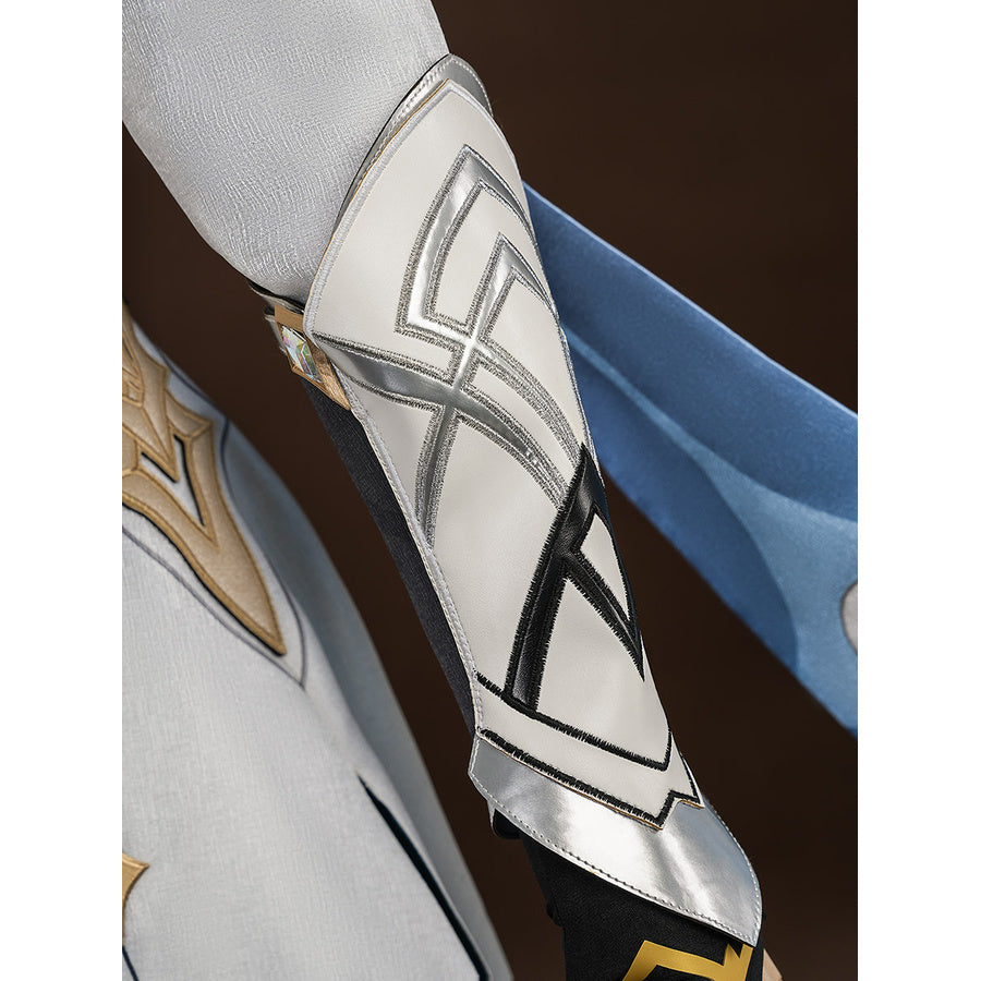 Close-up of the white and silver arm armor on Aether cosplay costume with black geometric line pattern detail