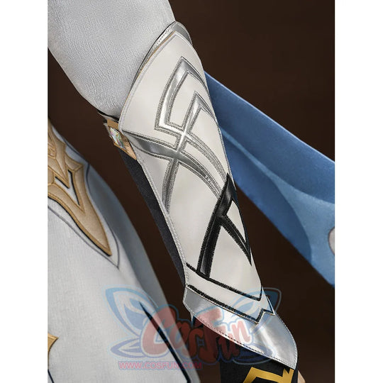 Close-up of the white and silver arm armor on Aether cosplay costume with black geometric line pattern detail
