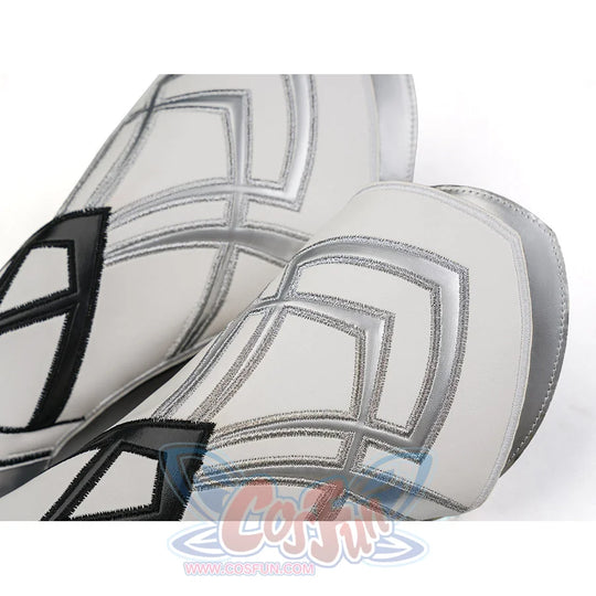 Pair of silver arm bracers from Aether cosplay costume showing geometric square pattern embossed on silver leather
