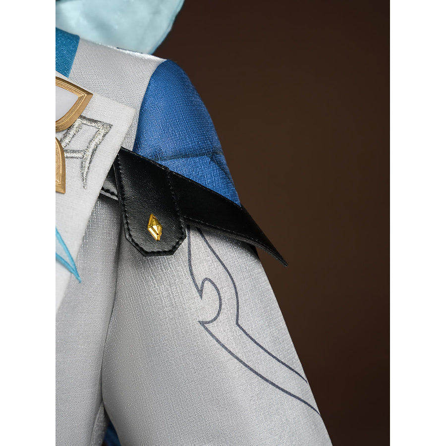 Detail of Aether cosplay costume waist area with embroidered white coat, black pouch, and blue fabric panel