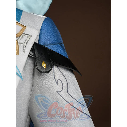 Detail of Aether cosplay costume waist area with embroidered white coat, black pouch, and blue fabric panel