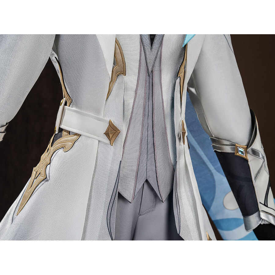 Waist view of Aether cosplay costume with white coat, gold side ornaments, white belt, and blue printed cape