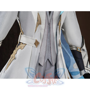 Waist view of Aether cosplay costume with white coat, gold side ornaments, white belt, and blue printed cape