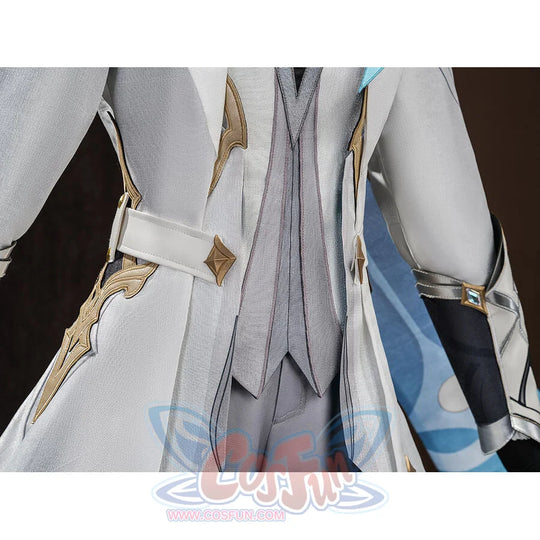 Waist view of Aether cosplay costume with white coat, gold side ornaments, white belt, and blue printed cape