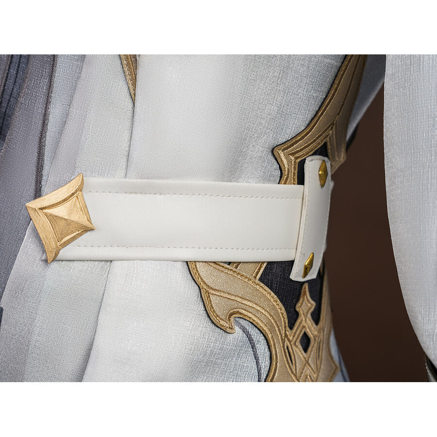 Close-up of the white belt with gold diamond buckle and gold embroidered waist panel on Aether cosplay costume