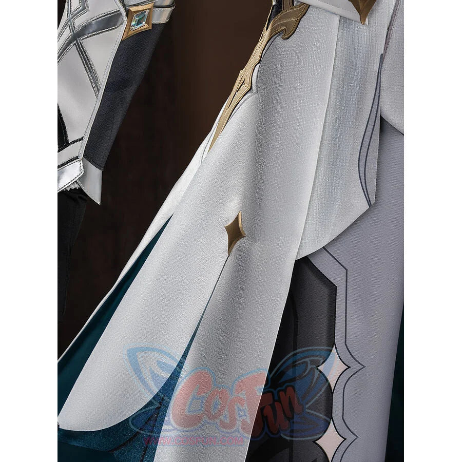 Close-up of the white coat front panel on Aether cosplay costume with gold diamond ornaments and teal inner lining