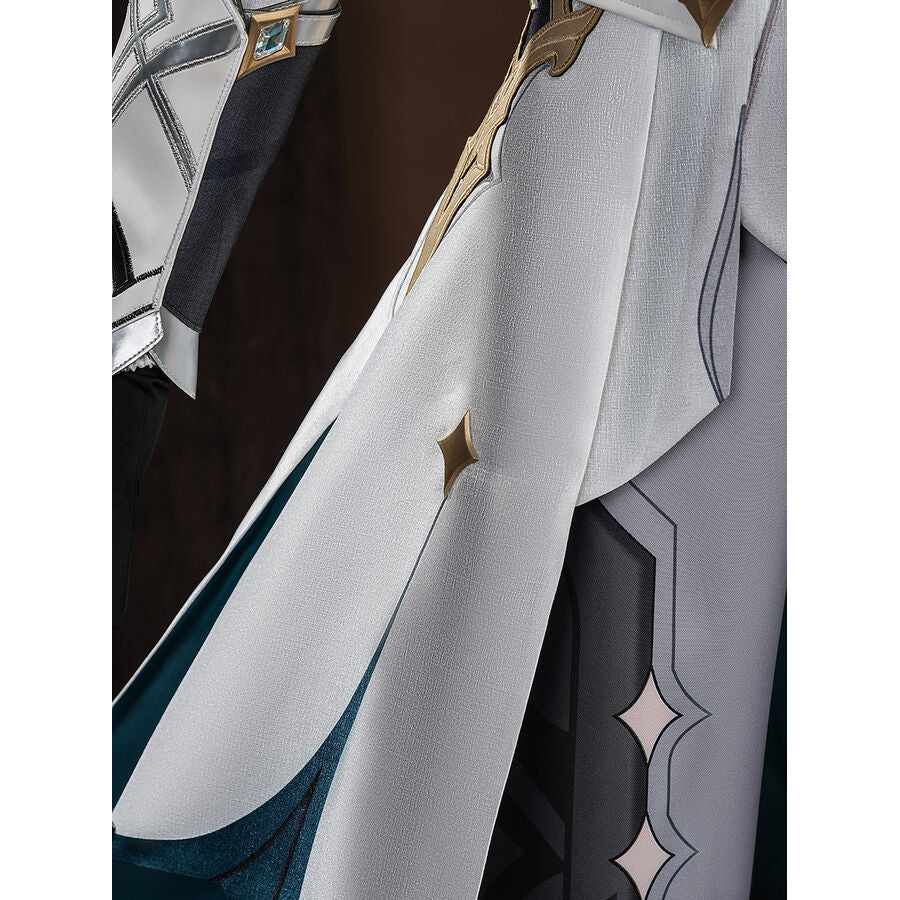 Close-up of the white coat front panel on Aether cosplay costume with gold diamond ornaments and teal inner lining