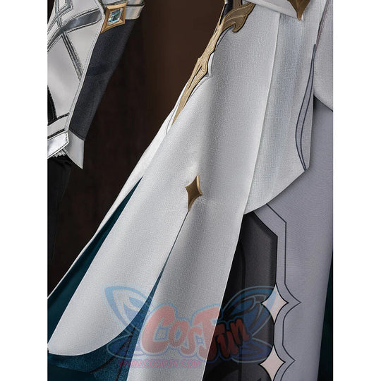 Close-up of the white coat front panel on Aether cosplay costume with gold diamond ornaments and teal inner lining