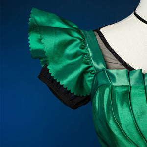 Agnes DeMille cosplay costume sleeve detail featuring ruffled green satin puff sleeve with black trim