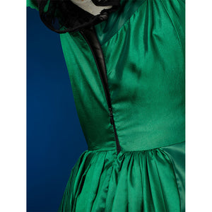 Agnes DeMille cosplay costume side detail with zipper closure on green satin bodice