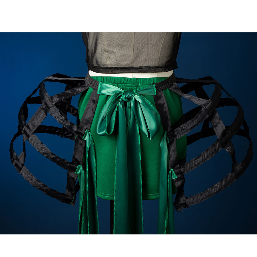 Agnes DeMille cosplay costume organza petticoat detail with black ribbons and green satin bow