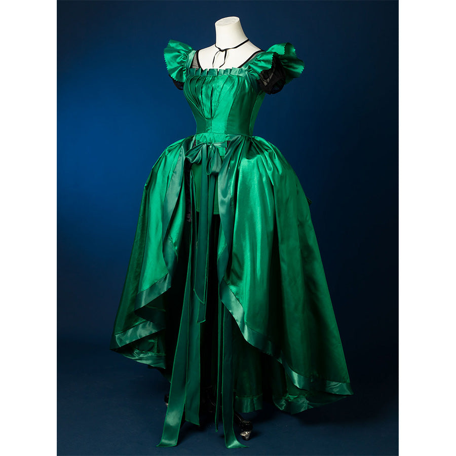 Agnes DeMille cosplay costume green satin gown with puff sleeves and asymmetrical hemline full view
