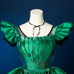 Agnes DeMille cosplay costume bodice close-up with pleated green satin and ruffled puff sleeves