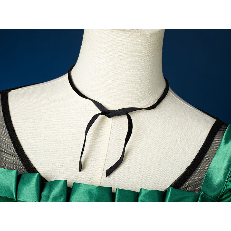 Agnes DeMille cosplay costume collar detail showing white ruffled neckline with black trim