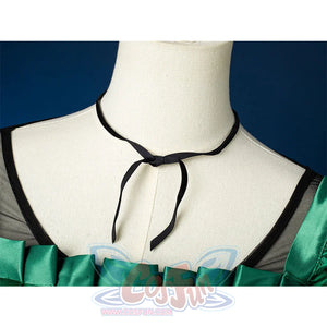 Agnes DeMille cosplay costume collar detail showing white ruffled neckline with black trim