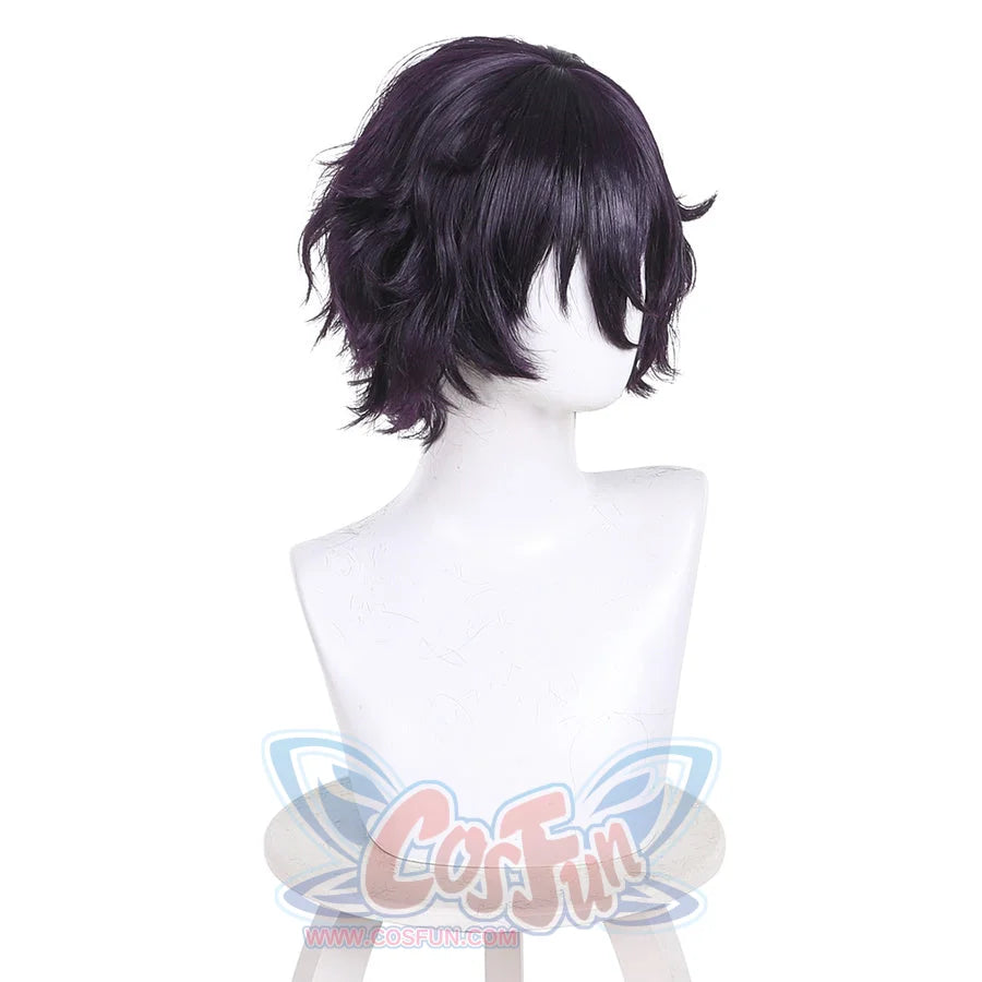 Back side view of Agott cosplay wig with short black purple wavy hair displayed on mannequin