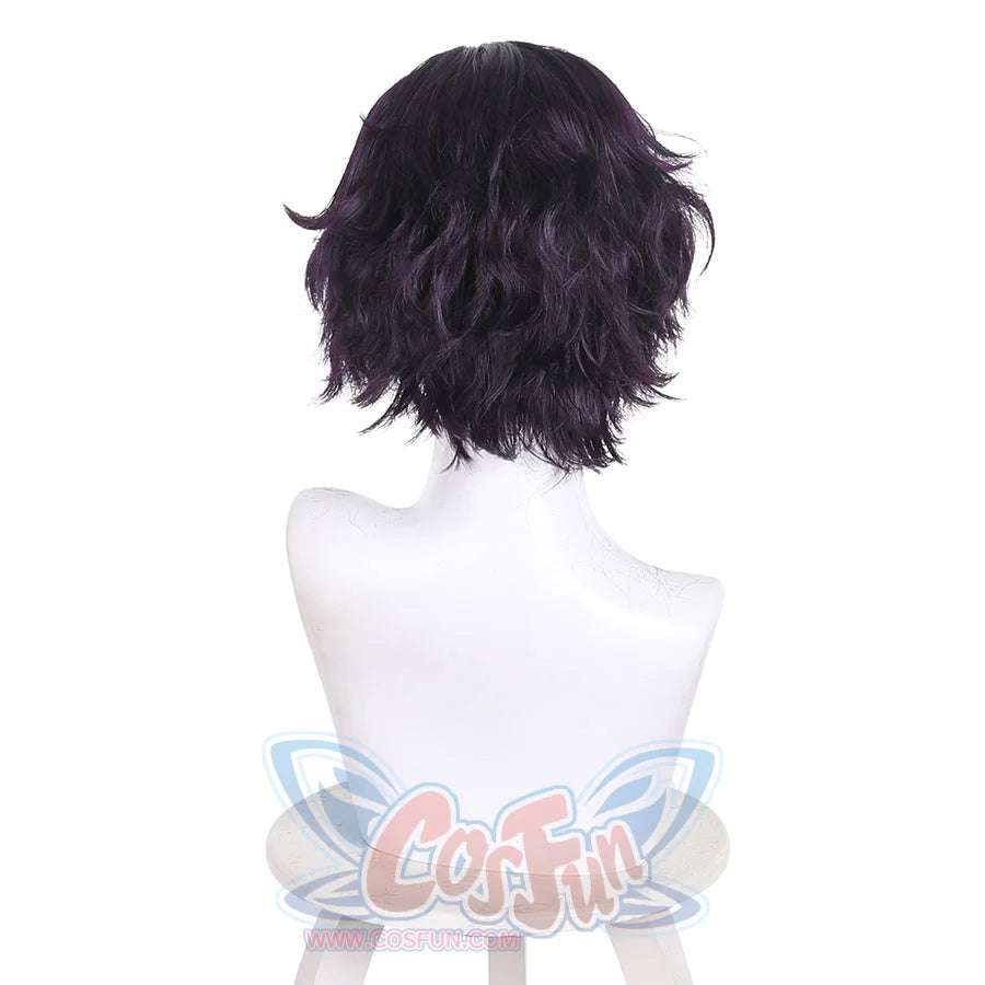 Back view of Witch Hat Atelier Agott cosplay wig with short black purple wavy hair