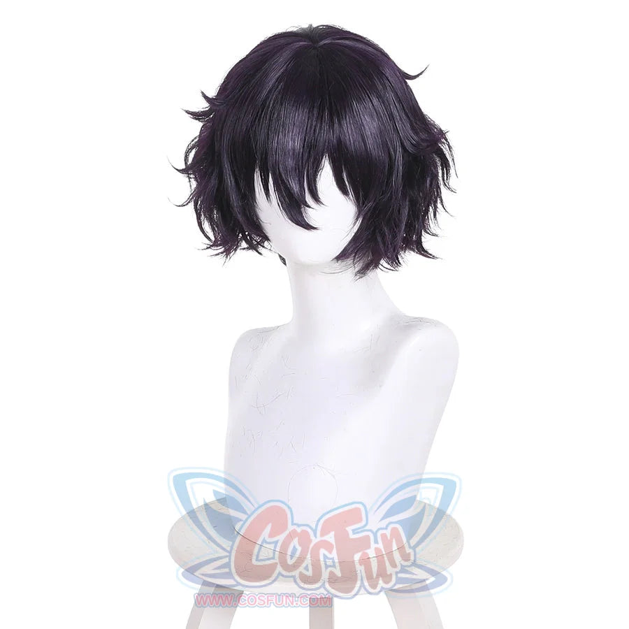 Front view of Agott cosplay wig with short black purple wavy hair on a mannequin stand