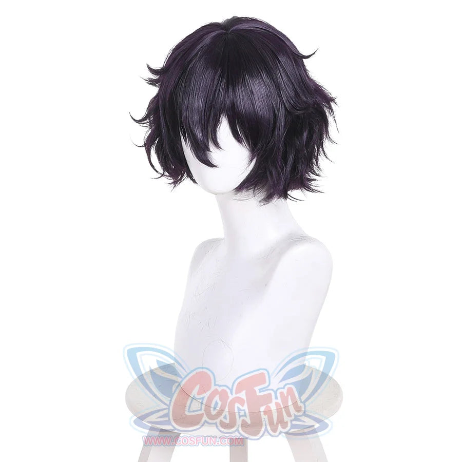 Side profile of Agott cosplay wig with short black purple wavy hair on a mannequin