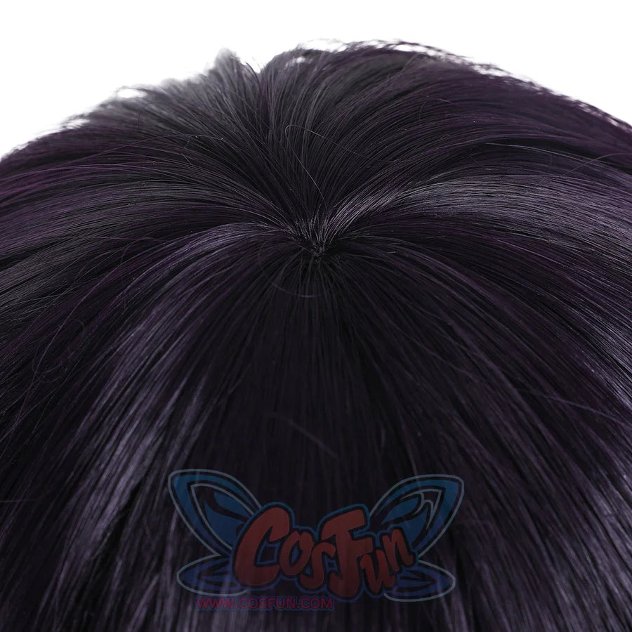 Close-up of Agott cosplay wig hair texture showing black purple color and fiber detail
