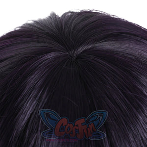Close-up of Agott cosplay wig hair texture showing black purple color and fiber detail