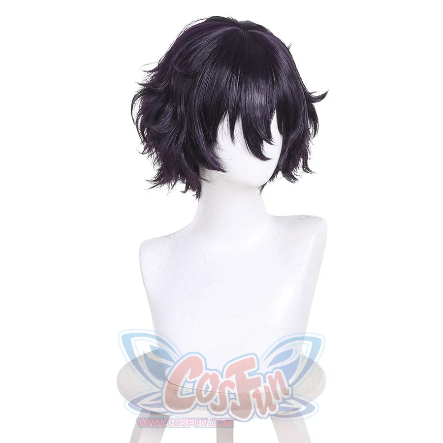 Left back view of Agott cosplay wig with short black purple textured wavy hair on mannequin