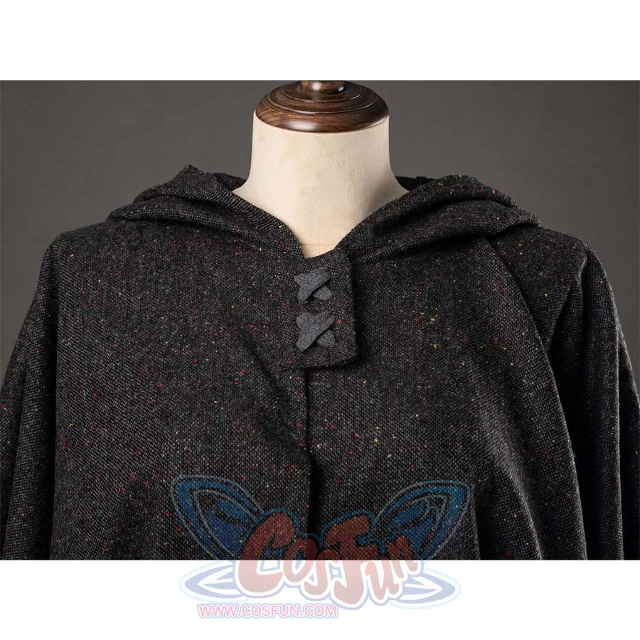 Close - up of the neckline and fastening of the Ahsoka cosplay cloak, highlighting the textured fabric and the cloak’s closure.