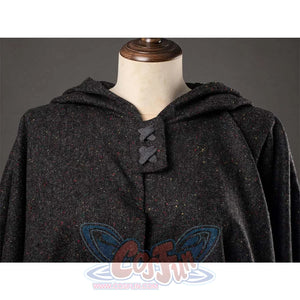 Close - up of the neckline and fastening of the Ahsoka cosplay cloak, highlighting the textured fabric and the cloak’s closure.