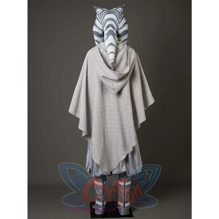 Focuses on the back of Ahsoka Tano’s gray hooded cloak, showcasing its texture, shape, and how it layers over the pants.