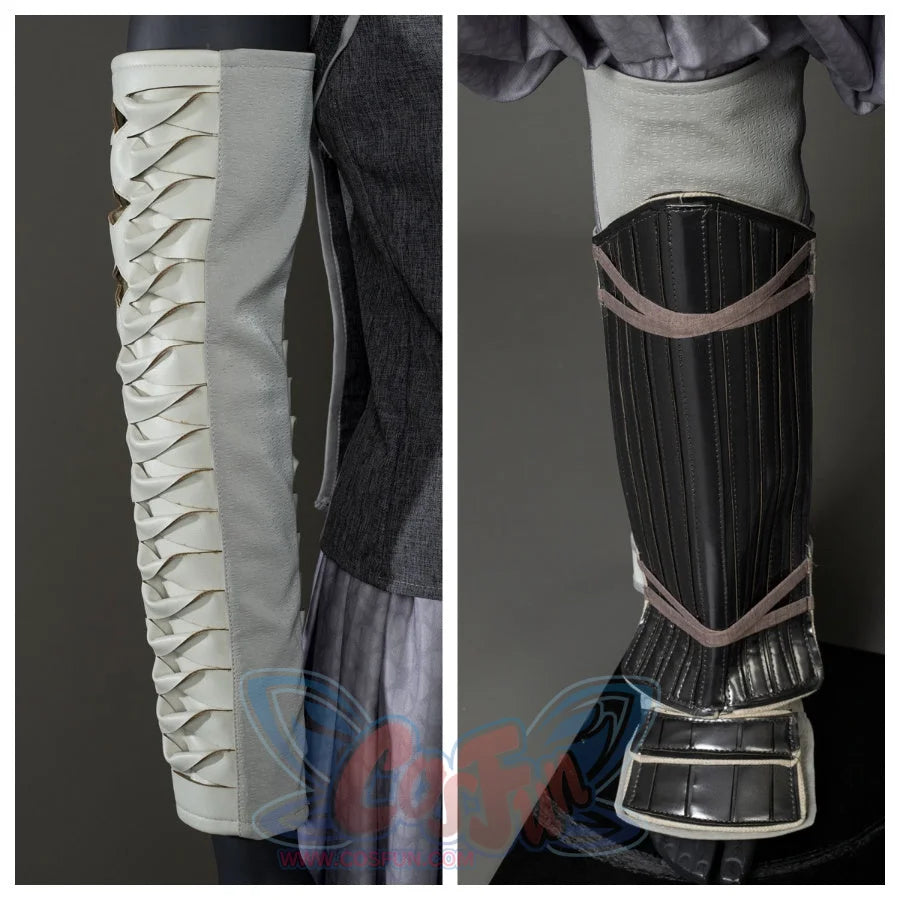Displays close-ups of Ahsoka Tano’s white and black arm guards, showcasing their layered, strapped design and texture contrast.