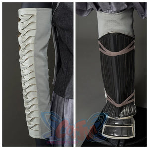 Displays close-ups of Ahsoka Tano’s white and black arm guards, showcasing their layered, strapped design and texture contrast.
