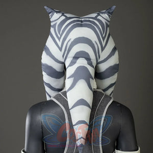Focuses on the back of Ahsoka Tano’s headpiece, showcasing the striped pattern of her montrals and the gray vest’s design.