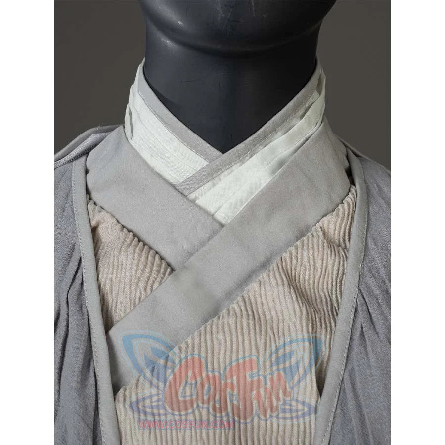 Shows the layered, crossed-collar design of Ahsoka Tano’s gray and white outfit, highlighting fabric textures and stitching.