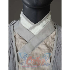 Shows the layered, crossed-collar design of Ahsoka Tano’s gray and white outfit, highlighting fabric textures and stitching.