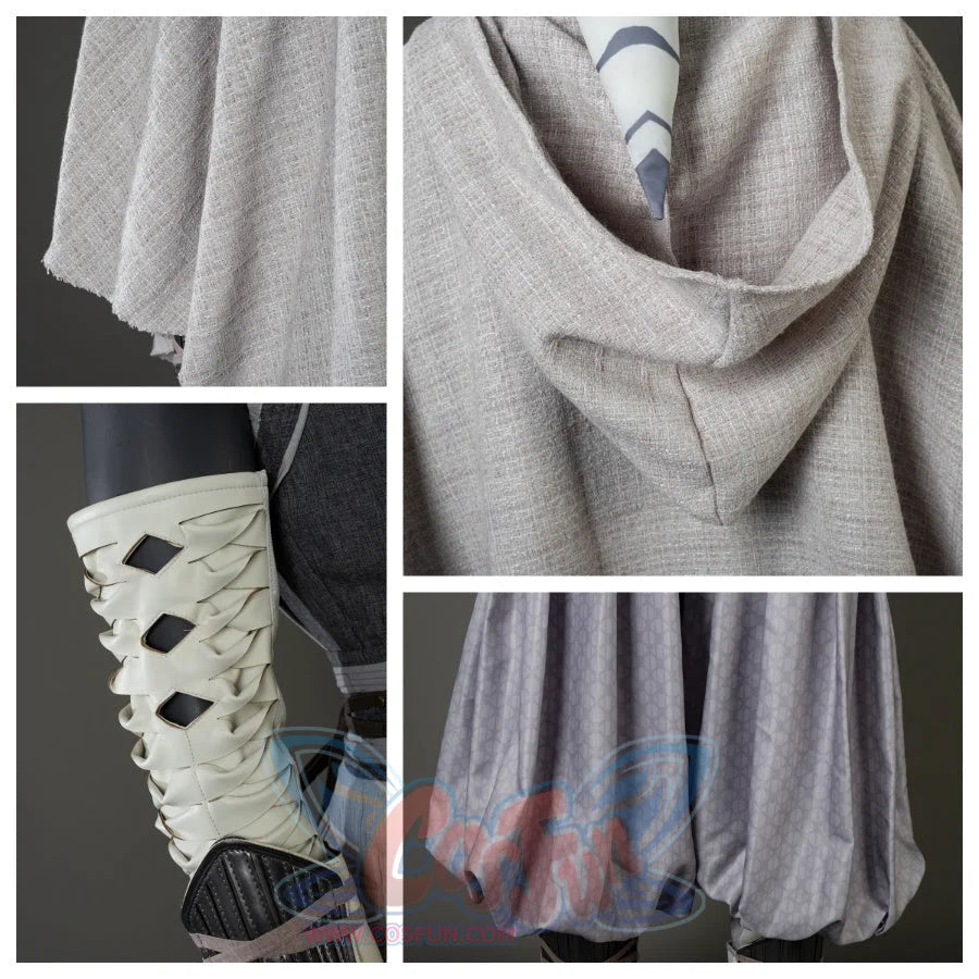 Shows close-ups of Ahsoka Tano’s gray hooded cloak, white arm wraps, and patterned gray pants, highlighting fabric textures and design.