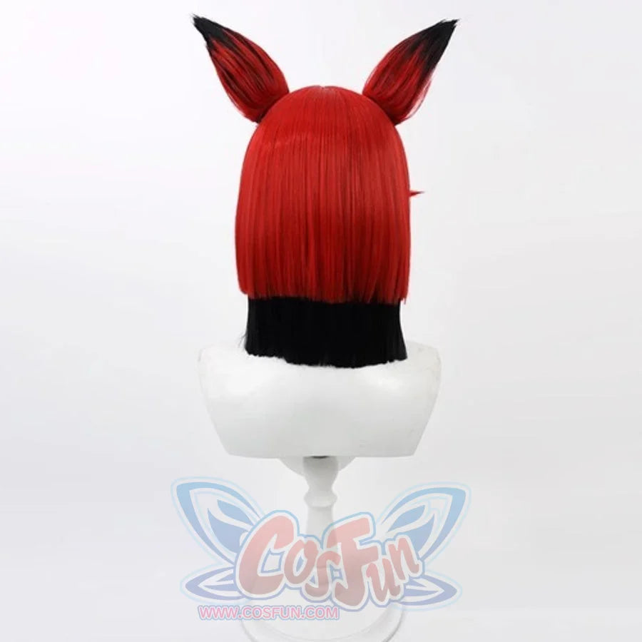 Hazbin Hotel Alastor cosplay wig, short red hair with black fox ears, back view on mannequin