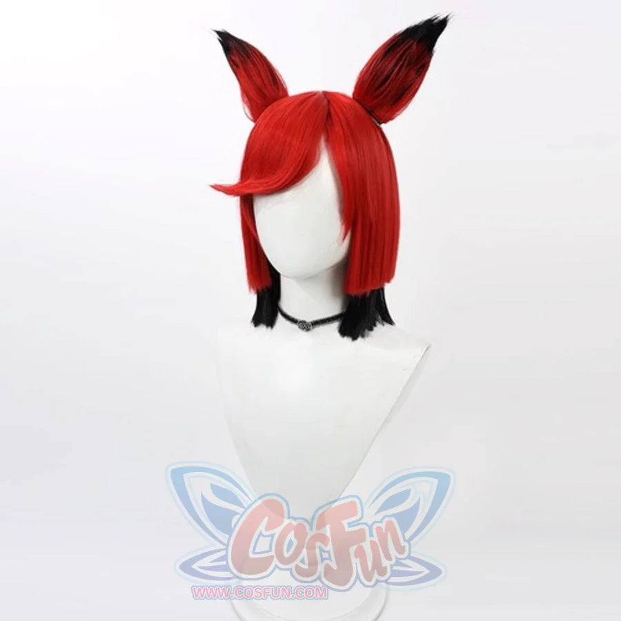 Hazbin Hotel Alastor cosplay wig, short red hair with black fox ears, side view on mannequin