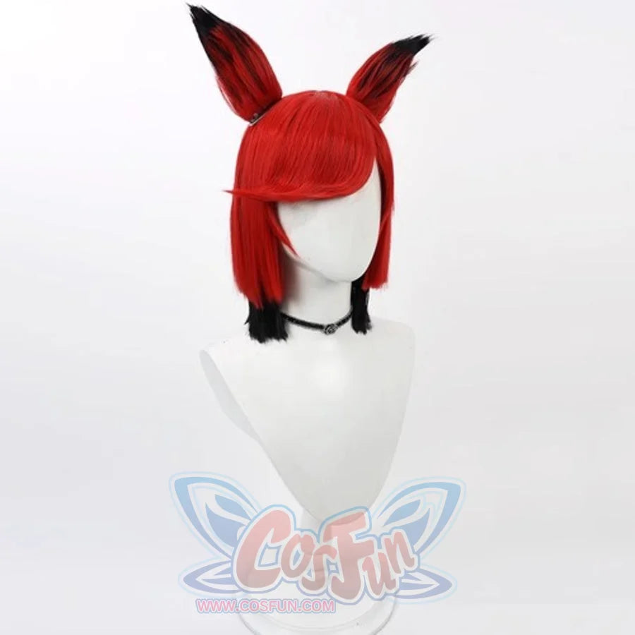 Hazbin Hotel Alastor cosplay wig, short red hair with black fox ears, top view on mannequin
