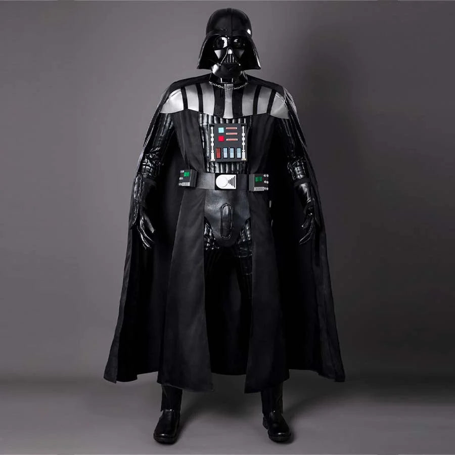 This Anakin Skywalker cosplay costume is made of high-quality materials, with a well-fitted black bodysuit featuring silver accents and a flowing black cape, showcasing an excellent version.