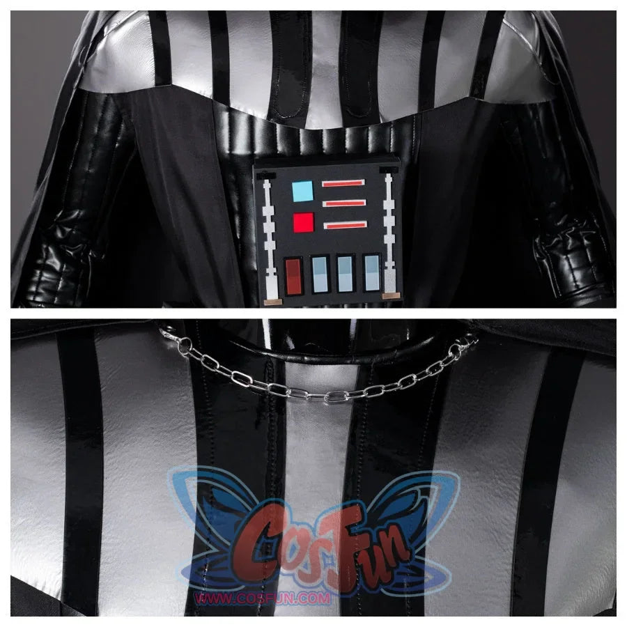 This picture shows the details of the chest and neck of the Anakin Skywalker cosplay costume, with a black and silver color scheme, and the chest is decorated with a control panel-like design, showing a unique version.