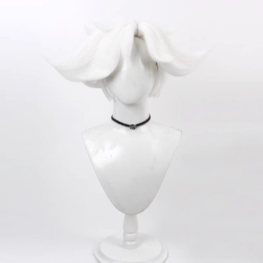 Hazbin Hotel Angel Dust cosplay wig, short fluffy white silver hair, back view on mannequin