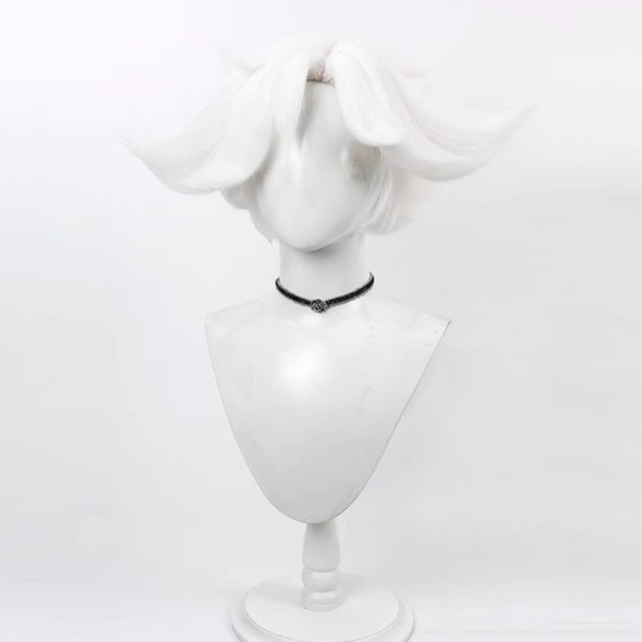 Hazbin Hotel Angel Dust cosplay wig, short fluffy white silver hair, front view on mannequin
