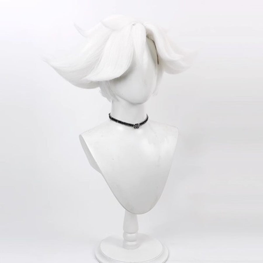 Hazbin Hotel Angel Dust cosplay wig, short fluffy white silver hair, side view on mannequin