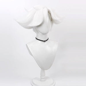 Hazbin Hotel Angel Dust cosplay wig, short fluffy white silver hair, side view on mannequin