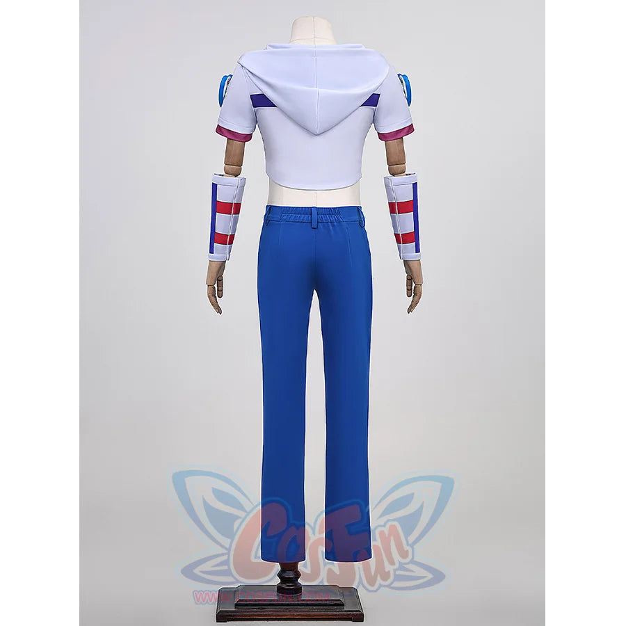 Anime Johnny Joestar Cosplay Costume, white hood T-shirt and deep blue pants, back view.