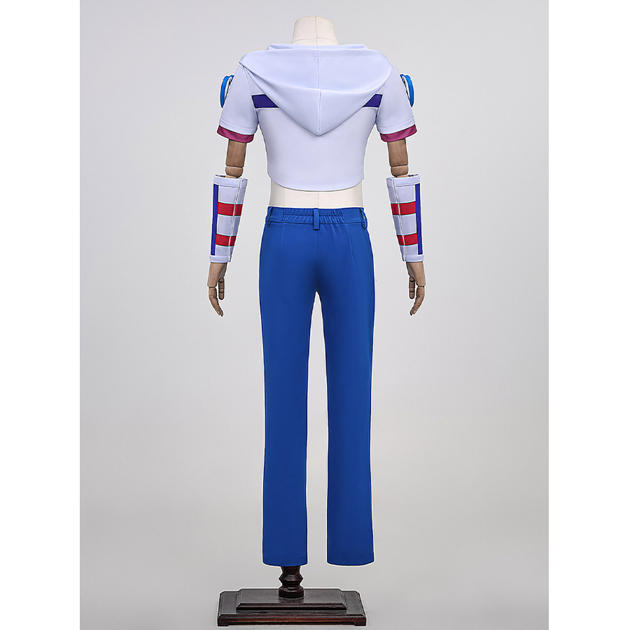 Anime Johnny Joestar Cosplay Costume, white and deep blue outfit, front view.